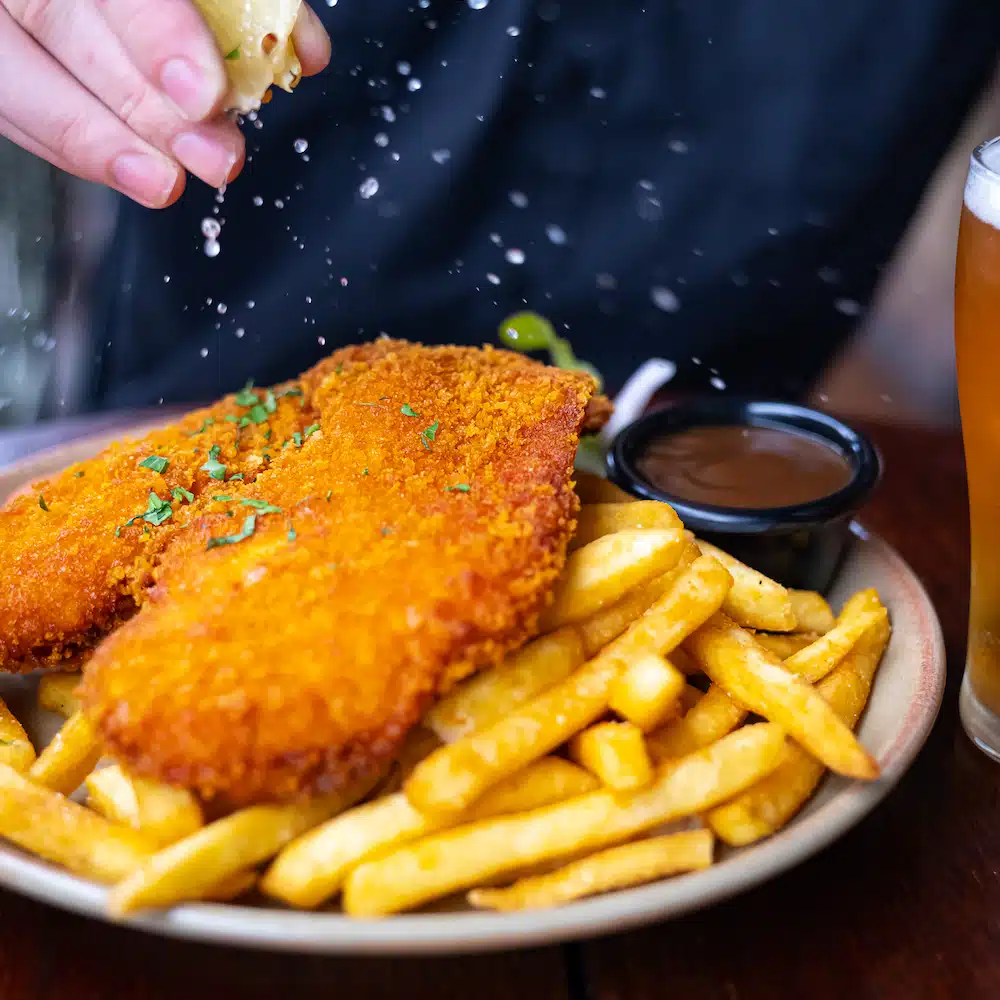 Schnitzel and chips on a plate